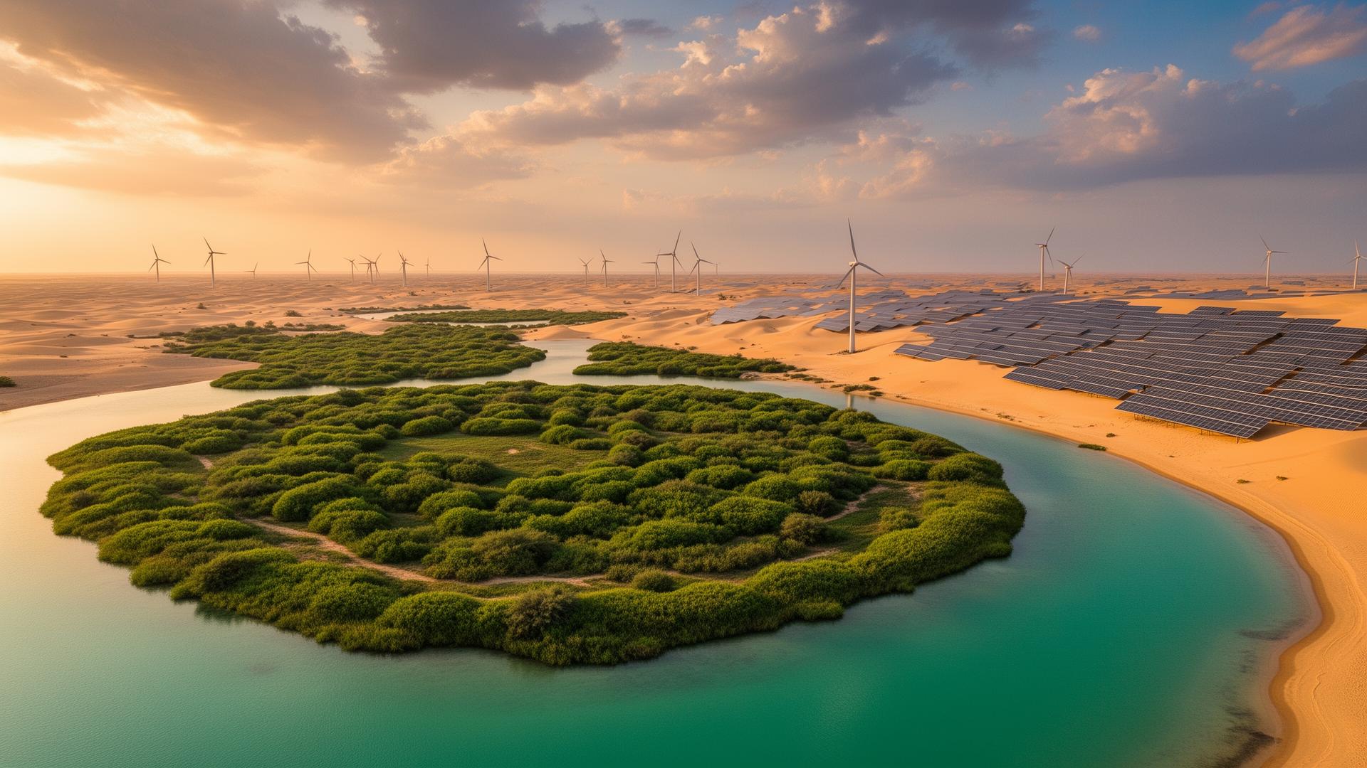 Desert meeting green oasis with solar and wind energy at golden hour