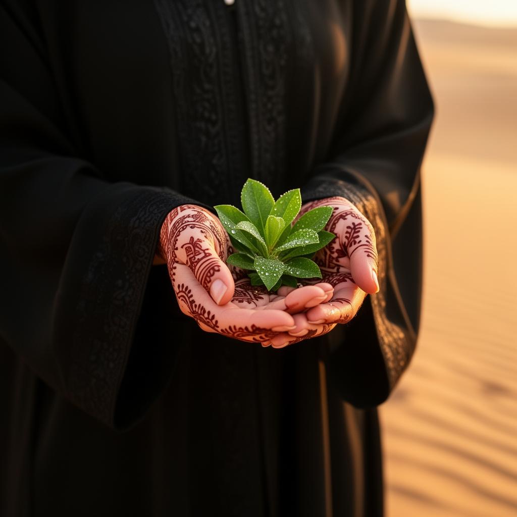 Emirati hands with henna holding fresh leaves